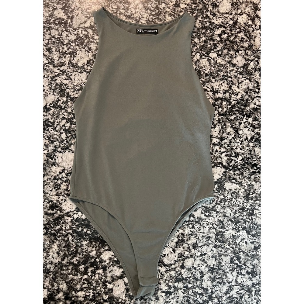 Zara Womens Sleeveless High Neck Snap Closure Bodysuit Olive Green Size M (0908)